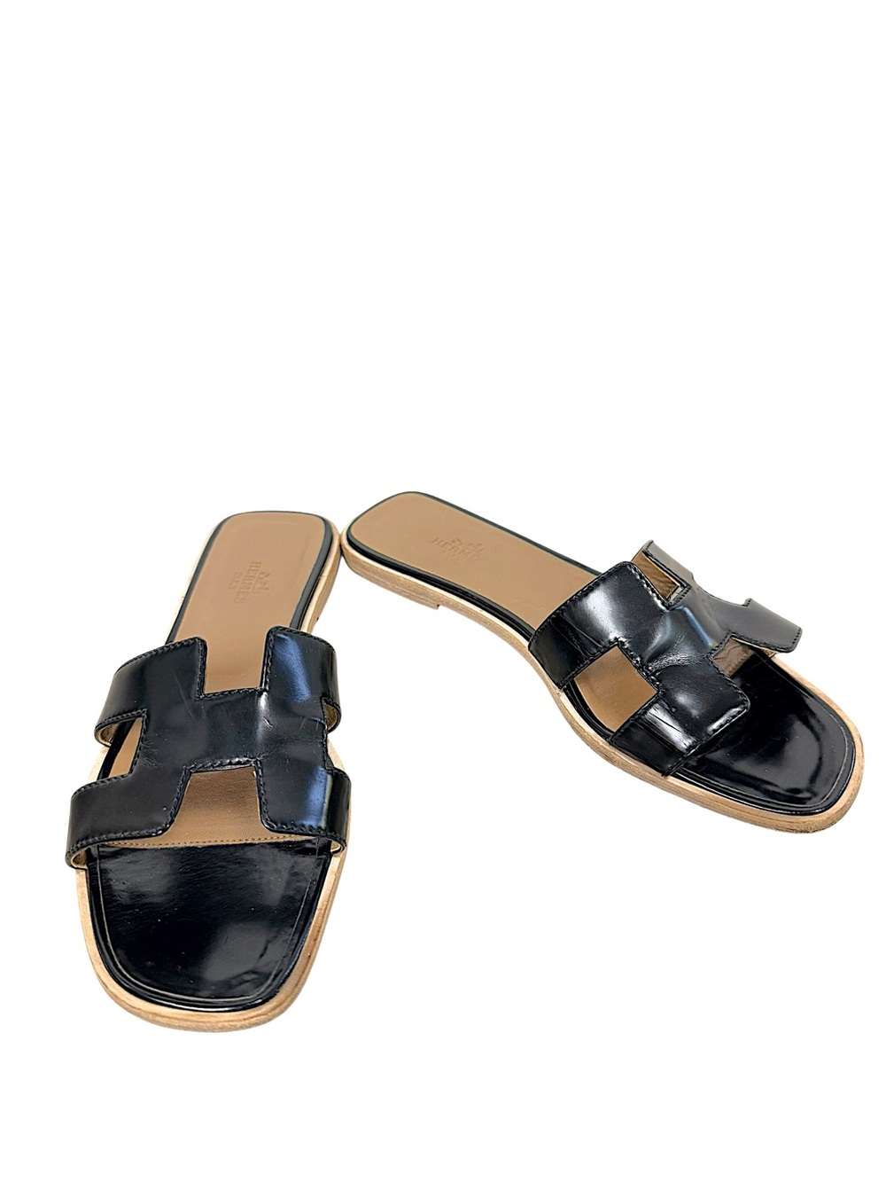 Hermès Oran Black Leather H Sandals 37